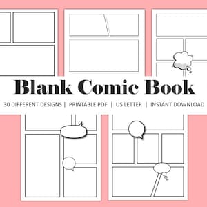 Puede incluir: Varios modelos de cómics en blanco con diferentes diseños de paneles. El texto "Blank Comic Book" es visible. El texto indica "30 DIFFERENT DESIGNS | PRINTABLE PDF | US LETTER | INSTANT DOWNLOAD".