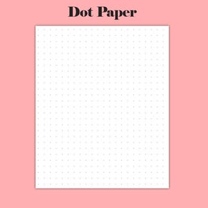 Puede incluir: Una hoja de papel de puntos blanca con puntos grises espaciados uniformemente, sobre un fondo rosa claro. Las palabras "Dot Paper" se muestran en letras negritas, de color marr&oacute;n oscuro en la parte superior. Este papel es ideal para bullet journaling, bocetos o tomar notas.