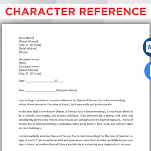 以下が含まれることがあります： 赤色のテキストで「CHARACTER REFERENCE」というタイトルが付いた白いドキュメント。連絡先情報、受信者の詳細、および文字参照レターのフィールドが含まれています。白いグラフィックの2つの青いアイコンが右上隅にあります。