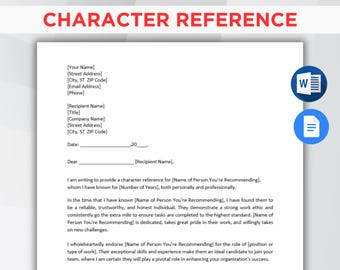 May include: A white document with the title "CHARACTER REFERENCE" in red text. The document includes fields for contact information, recipient details, and a character reference letter. Two blue icons with white graphics are in the upper right corner.