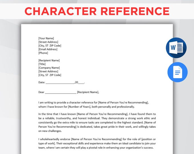 Professional Character Reference Letter Template, Character Reference ...