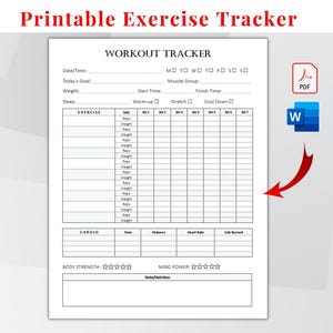 Puede incluir: Un rastreador de entrenamiento imprimible con el título "Printable Exercise Tracker" en rojo. El documento blanco incluye secciones para detalles de ejercicios, cardio y fuerza corporal. Se incluyen iconos de documentos PDF y Word.