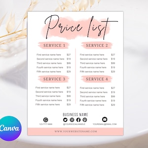 May include: A price list template with a pink watercolor design. The text "Price List" is in elegant script. The list includes service names and prices, with contact information at the bottom. The Canva logo is in the bottom left corner.