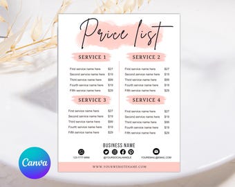 May include: A price list template with a pink watercolor design. The text "Price List" is in elegant script. The list includes service names and prices, with contact information at the bottom. The Canva logo is in the bottom left corner.