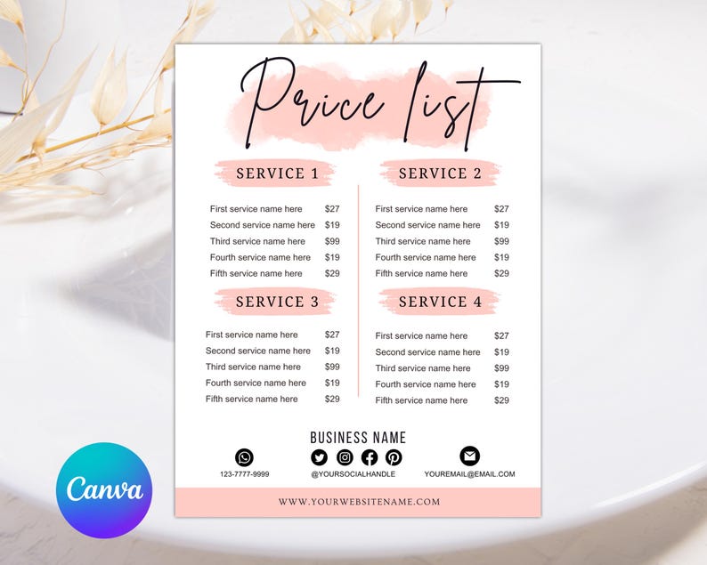 Op de afbeelding: Een prijslijstsjabloon met een roze aquarelontwerp. De tekst "Price list" staat in elegant schrift. De lijst bevat servicenamen en prijzen, met contactgegevens onderaan. Het Canva-logo staat linksonder.