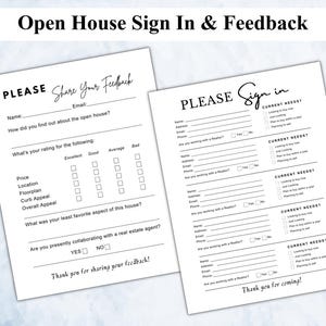 Puede incluir: Dos formularios blancos de registro y comentarios para puertas abiertas. Los formularios incluyen secciones para nombre, correo electrónico y comentarios sobre la propiedad. El texto "Open House Sign In & Feedback" está en la parte superior.
