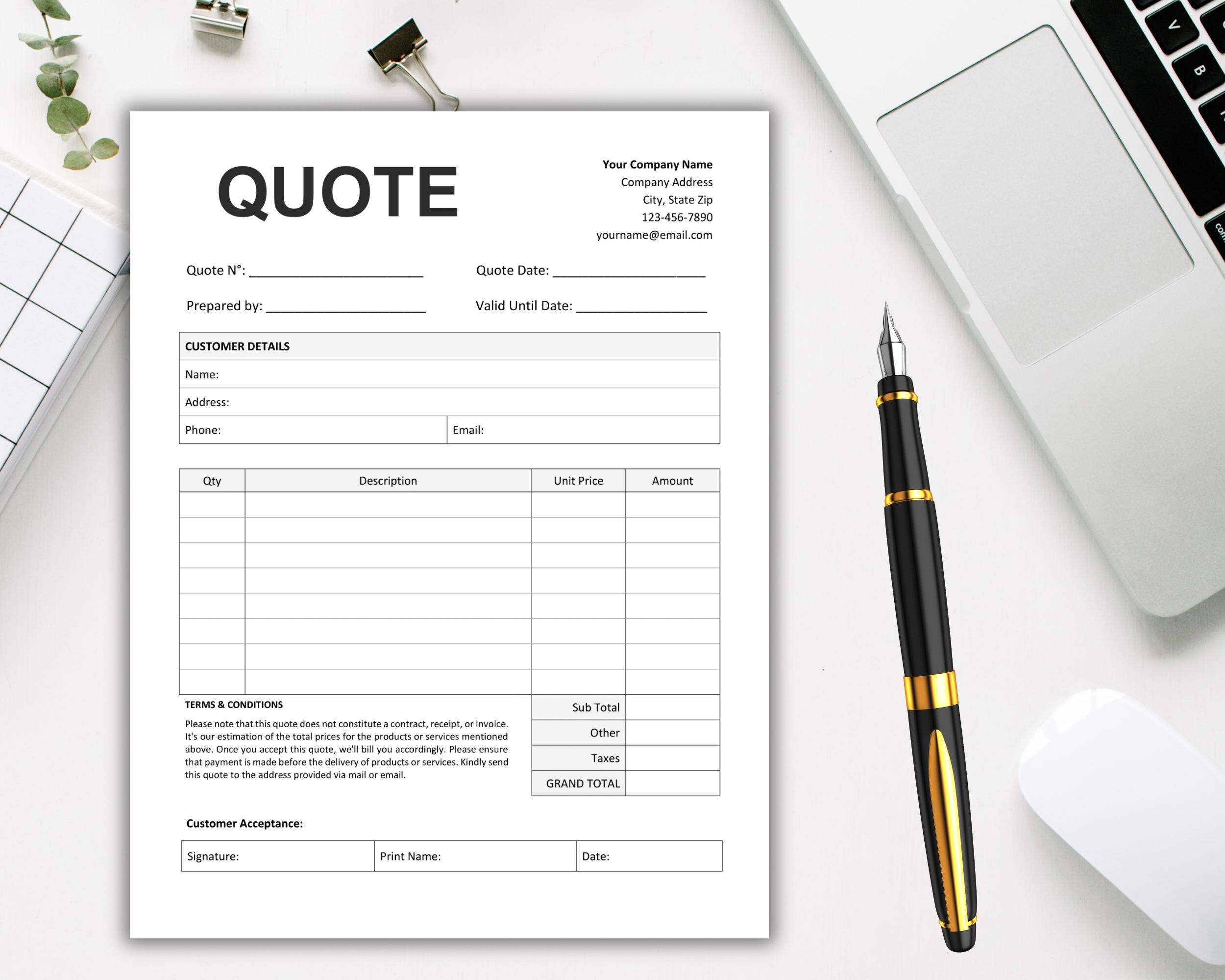 Quote Template Printable, Editable Quote Form for Small Business, Job ...