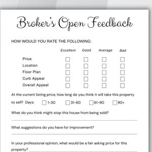 Könnte beinhalten: Ein Formular 'Broker's Open Feedback' auf weißem Papier. Es enthält Abschnitte zur Bewertung von Preis, Lage, Grundriss, Fassadenattraktivität und Gesamteindruck. Es fragt auch nach der geschätzten Verkaufszeit und Verbesserungsvorschlägen.