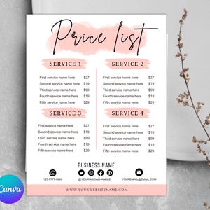 Op de afbeelding: Een prijslijstsjabloon met een roze aquarelontwerp. De titel "Price list" staat in elegant schrift. De lijst bevat secties voor diensten, met ruimte voor servicenamen en prijzen. Contactgegevens en een websiteadres staan onderaan.