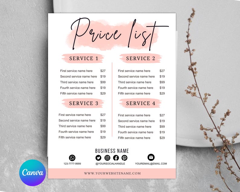 Op de afbeelding: Een prijslijstsjabloon met een roze aquarelontwerp. De titel "Price list" staat in elegant schrift. De lijst bevat secties voor diensten, met ruimte voor servicenamen en prijzen. Contactgegevens en een websiteadres staan onderaan.