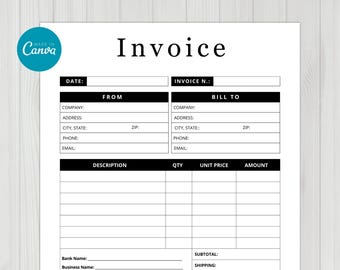 Editable Invoice Template Canva, Printable Business Invoice, Professional Invoice Form, Custom Invoice PDF, Small Business Instant Downloads