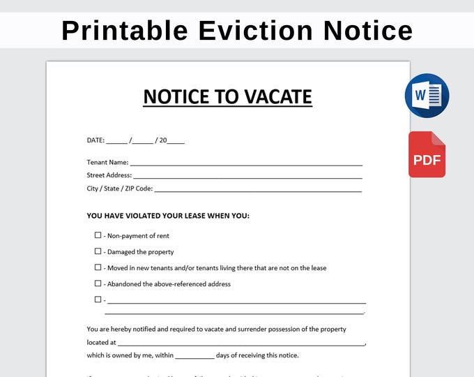 Editable Notice to Vacate Template, Printable Eviction Notice Form ...