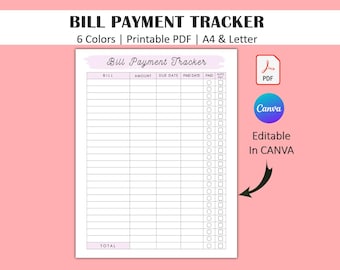 Bill Tracker, Monthly Bill Payment Planner, Bill Organizer, Monthly Bill Calendar, Personal Finance Planner, Utility Payment Tracker, PDF