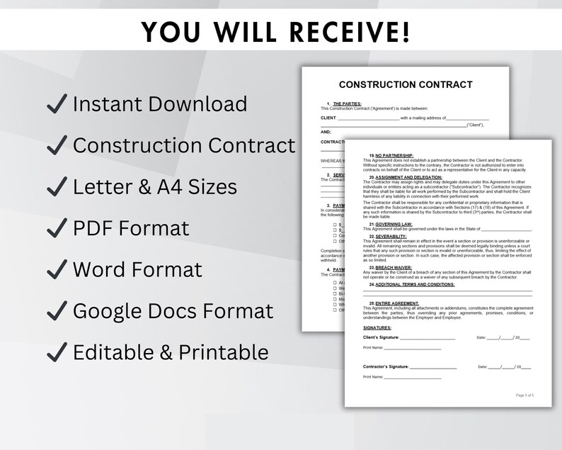 Editable Construction Contract Template, Printable Contractor Agreement ...