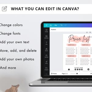 Op de afbeelding: Een laptop met een 'Prijslijst'-sjabloon in Canva. Het scherm toont opties om kleuren, lettertypen te wijzigen, tekst en foto's toe te voegen en meer. De sjabloon bevat service-secties en een bedrijfsnaam.