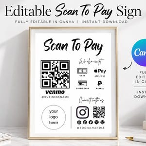 Scan To Pay Canva Template, Editable QR Code Sign, Editable Venmo PayPal CashApp Payment Sign Template for Small Business, Instant Download