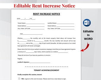 Rent Increase Notice Template, Landlord Rent Increase Letter, Editable Word, Printable PDF, Instant Download