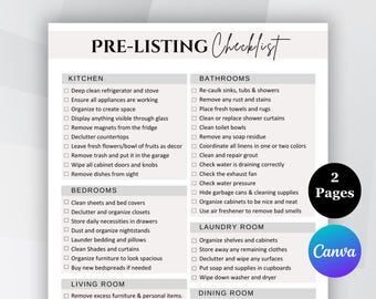 May include: A pre-listing checklist with sections for kitchen, bathrooms, bedrooms, living room, laundry room, and dining room. The checklist includes tasks like cleaning, organizing, and decluttering. The image also includes a black circle with the words "2 Pages" and a Canva logo.