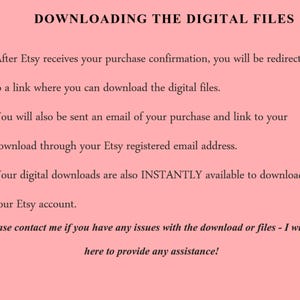 Puede incluir: Un fondo rosa con texto negro que explica c&oacute;mo descargar archivos digitales. El texto describe el proceso posterior a la compra, incluyendo un enlace, correo electr&oacute;nico y acceso instant&aacute;neo a trav&eacute;s de la cuenta de Etsy. Tambi&eacute;n se proporciona informaci&oacute;n de contacto.