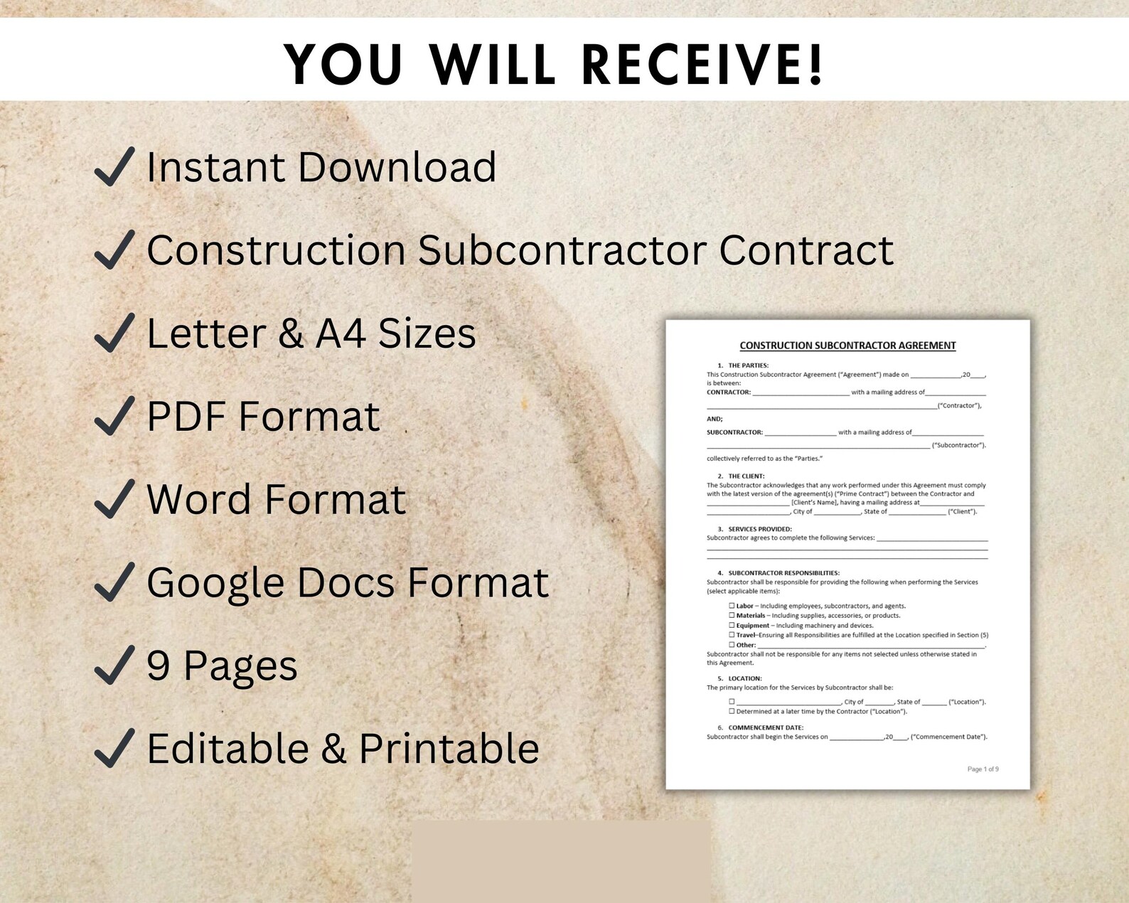Construction Contract Template Printable | Editable Contractor ...