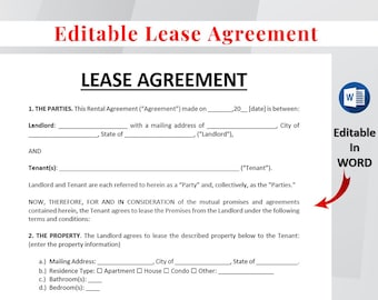 Simple Rental Agreement Template Editable, Printable Lease Agreement, Residential Housing Agreement, Landlord Forms, Lease Contract Word/PDF
