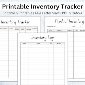 Może przedstawiać: Drukowane szablony śledzenia zapasów w formatach PDF i Canva. Obraz przedstawia trzy różne projekty dzienników inwentaryzacyjnych: Inventory Tracker, Product Inventory i Inventory Log. Każdy szablon zawiera pola do śledzenia szczegółów produktu.