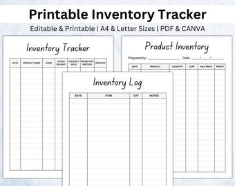 Rastreador de inventario imprimible para pequeñas empresas, gestión de inventario editable, registro de inventario de productos, hoja de inventario, organizador de inventario en PDF