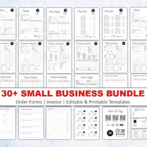 May include: A set of printable templates for small businesses, including order forms, invoices, and price lists. The bundle has a clean, minimalist design. The text "30+ SMALL BUSINESS BUNDLE" is displayed in red. Includes editable and printable templates.