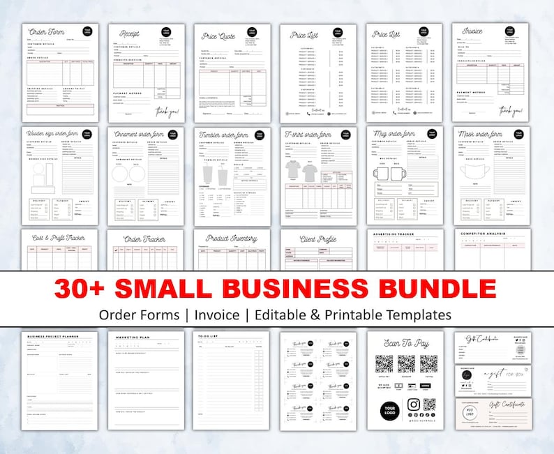 May include: A collection of printable small business templates, including order forms, invoices, and price lists. The bundle features a variety of designs, with a clean, minimalist aesthetic. The text "30+ SMALL BUSINESS BUNDLE" is displayed in red.