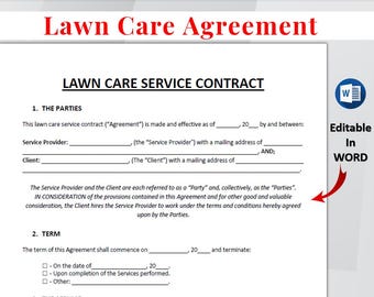 Entente pour l'entretien de la pelouse. Contrat de service. Modèle d'accord. Contrat d'aménagement paysager. Modèle modifiable. Accord d'entretien du jardin. Offre d'entretien de pelouse