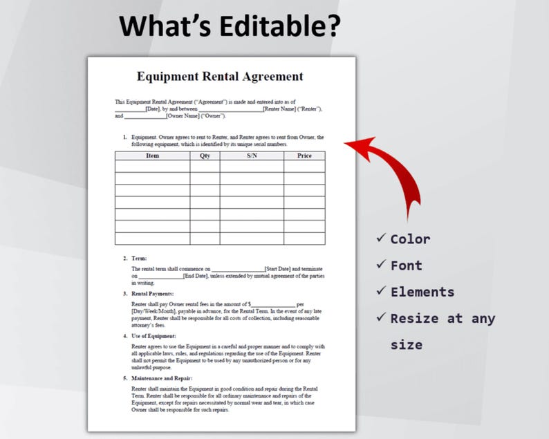 Item Rental Form Equipment Rental Agreement Template Editable, Construction Supplies ...