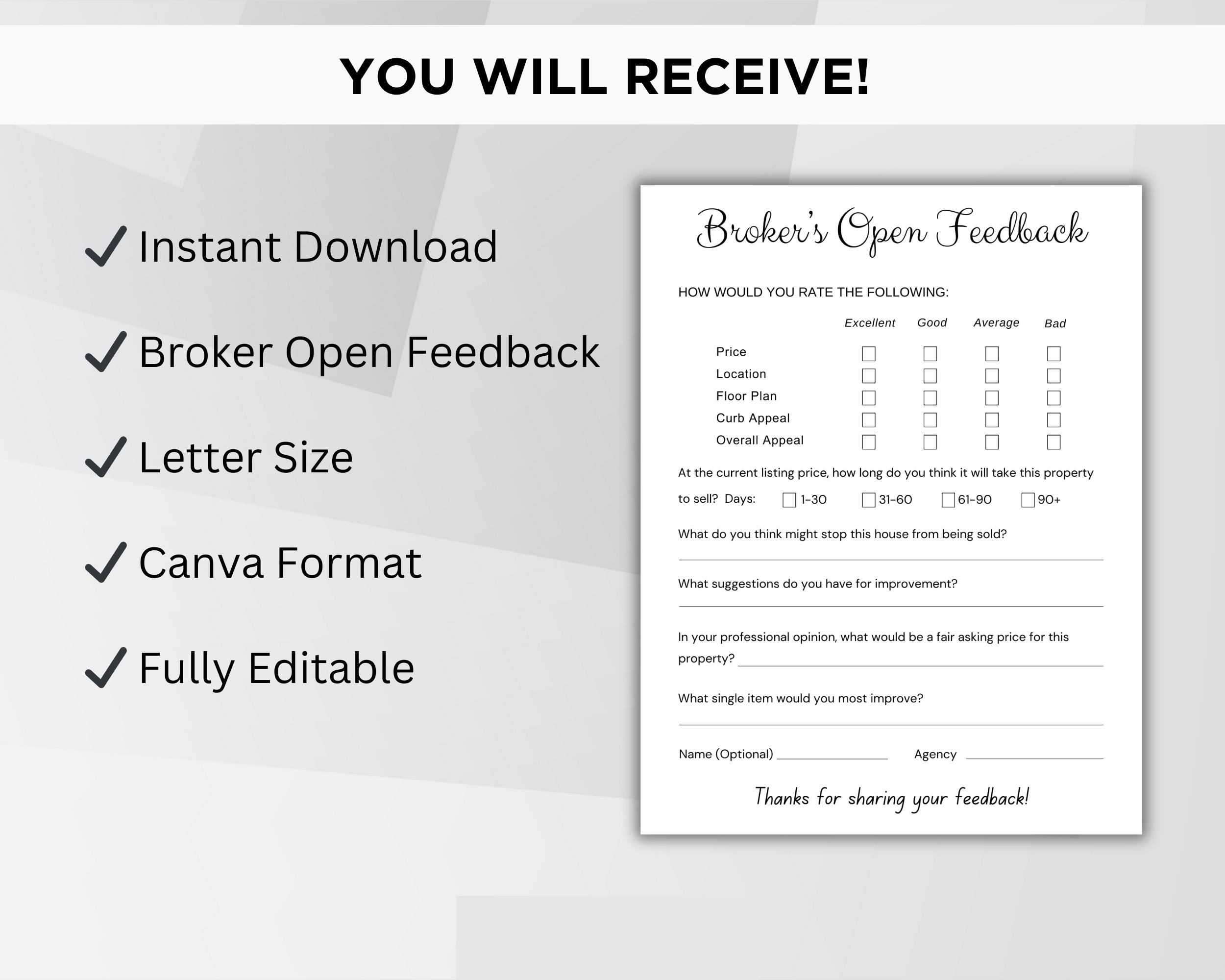 Broker Open Feedback Form Editable, Real Estate Agent Open House ...