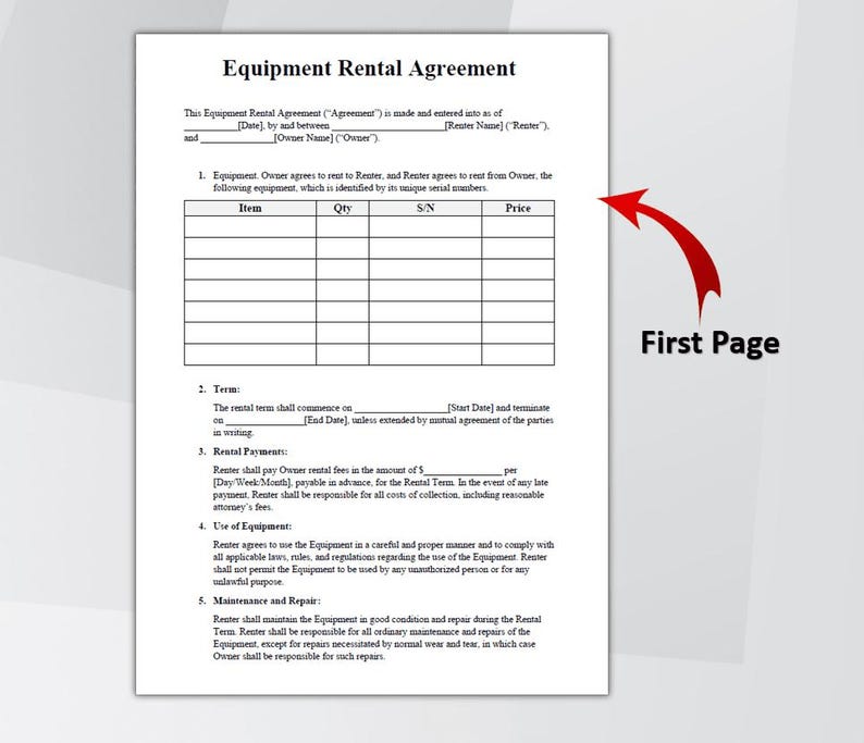 Equipment Rental Agreement Template Editable, Construction Supplies ...