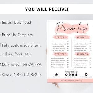 Op de afbeelding: Een prijslijst sjabloon met een zachtroze en wit ontwerp. De tekst bevat "Price List" in elegant schrift, servicecategorie&euml;n en aanpasbare velden. De sjabloon is beschikbaar in A4- en A5-formaten en is eenvoudig te bewerken op Canva.