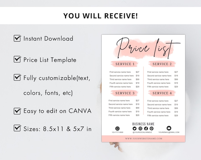 Op de afbeelding: Een prijslijst sjabloon met een zachtroze en wit ontwerp. De tekst bevat "Price List" in elegant schrift, servicecategorie&euml;n en aanpasbare velden. De sjabloon is beschikbaar in A4- en A5-formaten en is eenvoudig te bewerken op Canva.