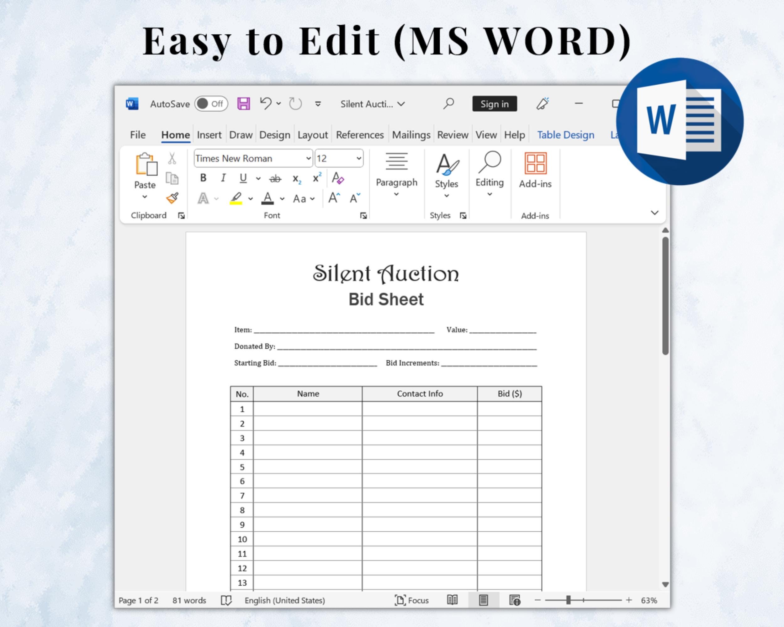 Silent Auction Bid Sheet Template Printable, Silent Auction Sign up ...