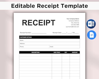 Plantilla de recibo. Recibo digital para pequeñas empresas. Formulario de recibo. Recibo de cliente. Recibo de venta. Descarga instantánea en Google Docs/Microsoft Word.
