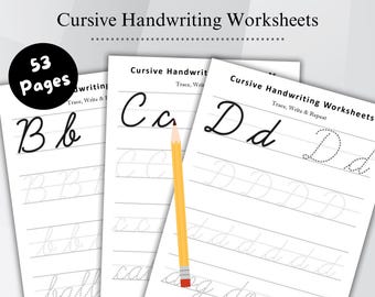 Könnte beinhalten: Kursive Schreibübungen mit dem Text "Cursive Handwriting Worksheets" und "Trace, Write & Repeat". Die Arbeitsblätter zeigen die Buchstaben B, C und D in Schreibschrift mit gepunkteten Linien zum Nachzeichnen. Ein gelber Bleistift liegt auf den Seiten. Das Bild enthält einen schwarzen Kreis mit dem Text "53 Pages".