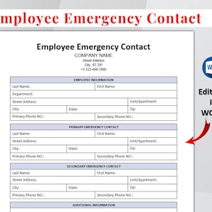 Könnte beinhalten: Ein weißes Dokument mit dem Titel "Employee Emergency Contact" mit Feldern für Mitarbeiter- und Notfallkontaktinformationen. Das Dokument enthält den Text "Editable In WORD" und ein Word-Symbol.