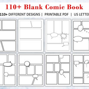 Puede incluir: Una colección de páginas de cómics en blanco con varios diseños de paneles. Las páginas blancas tienen contornos negros, bocadillos y diferentes opciones de diseño. El texto en la parte superior dice "110+ Blank Comic Book".