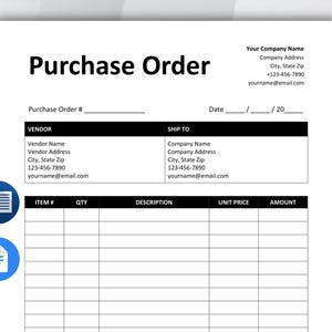 Peut inclure: Un bon de commande blanc avec du texte noir. Le titre "Purchase Order" est en haut, avec des champs pour les informations de l'entreprise, la date et les détails de la commande. Comprend des sections pour les informations sur le vendeur et l'expédition.