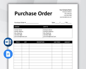 Inkoopordersjabloon bewerkbaar, inkooporderformulier, afdrukbare bestelsjabloon, Word en Google Documenten