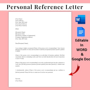 Könnte beinhalten: Vorlage für ein persönliches Empfehlungsschreiben mit Platzhaltern für Informationen. Das Dokument befindet sich auf weißem Papier mit rosa Hintergrund. Der Text enthält Felder für die Angaben des Absenders und Empfängers sowie einen Abschnitt für die Empfehlung. Symbole für Word und Google Docs sind ebenfalls vorhanden.