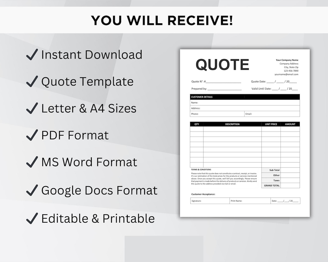 Quote Template Printable, Editable Quote Form Small Business, Job Quote ...