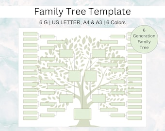 Family Tree Template 6 Generation Printable PDF, Family Tree Chart, Family Reunion Gifts, Pedigree Chart, 6 Generation Genealogy Template