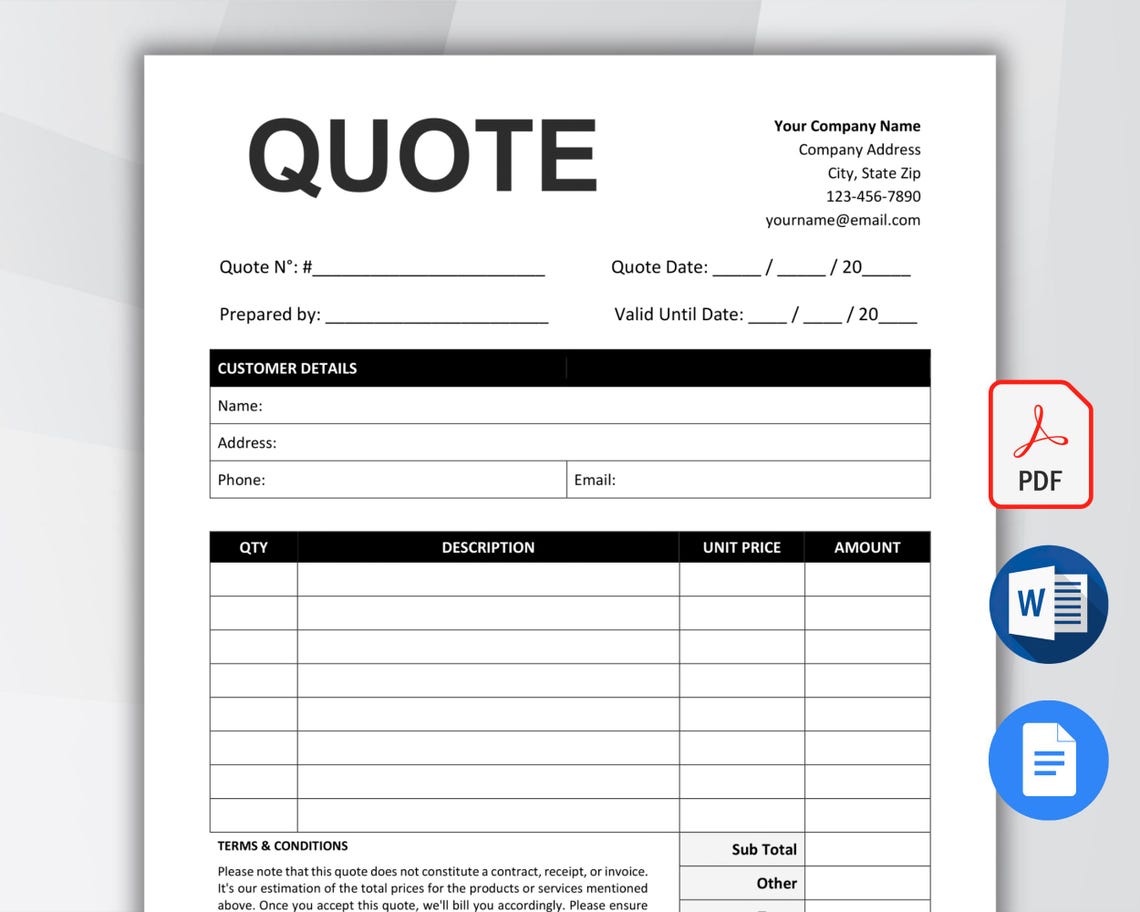 Quote Template Printable, Editable Quote Form Small Business, Job Quote ...