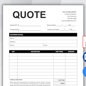 May include: A white document featuring the word "QUOTE" in bold black text. It includes sections for customer details, a quote number, and a date. PDF, Word, and document icons are visible on the right side of the page.