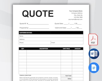 Quote Template Printable, Editable Quote Form Small Business, Job Quote ...