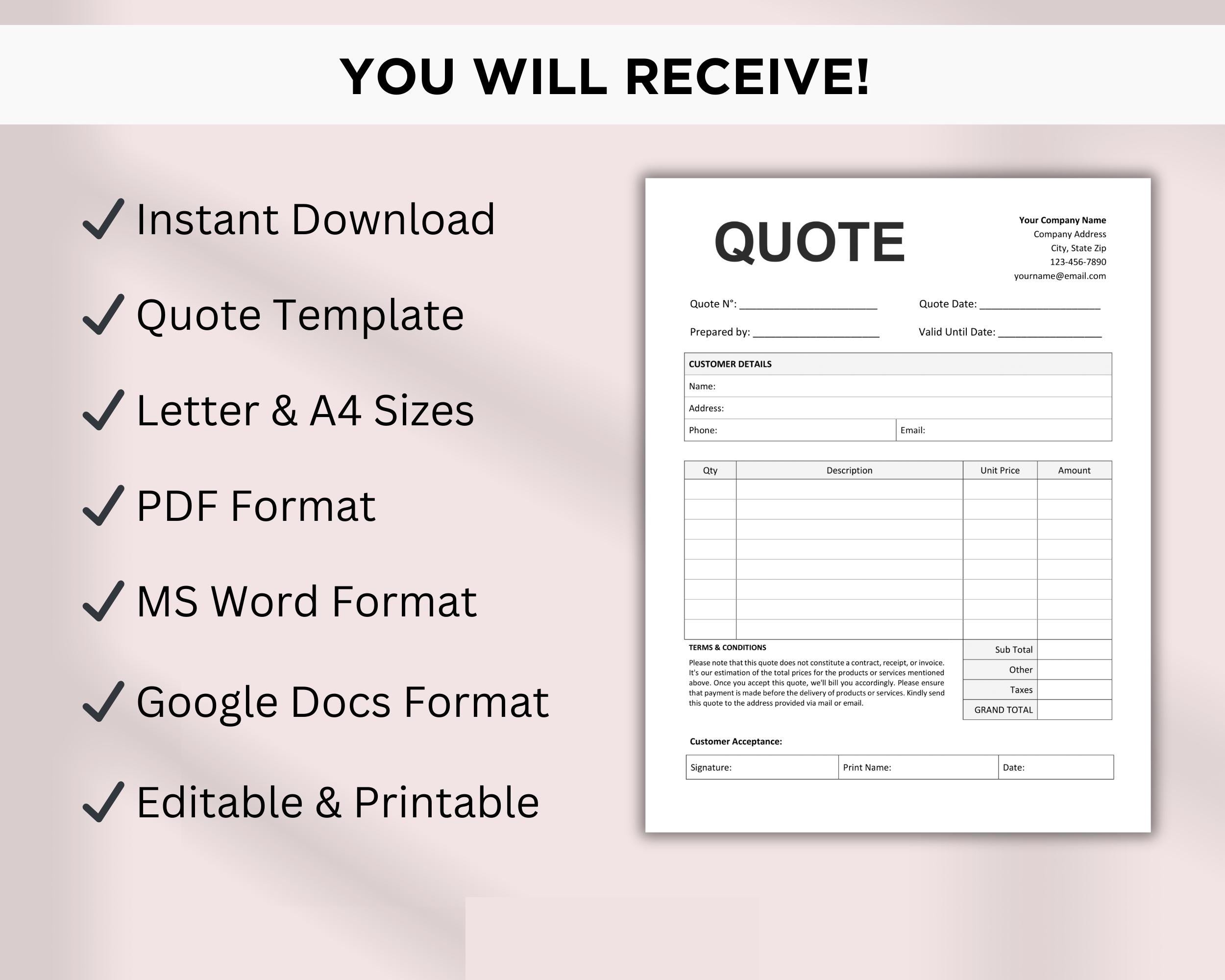 Quote Template Printable, Editable Quote Form for Small Business, Job ...