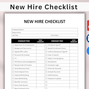 May include: A white document titled "New Hire Checklist" with a list of items for new employee onboarding. The checklist includes fields for employee information and a detailed list of tasks with checkboxes. The document also has PDF, Word, and checklist icons.